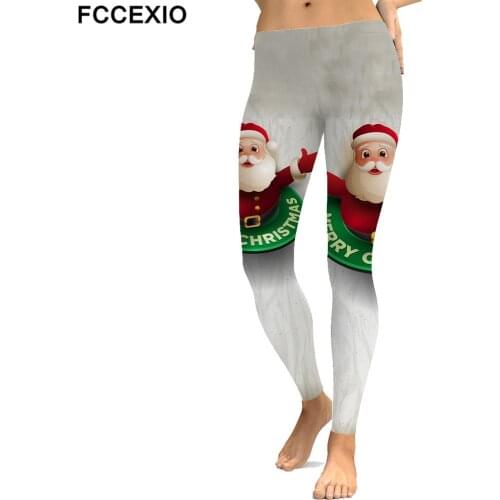 FCCEXIO New XMAS Leggings High Waist Workout Legging Santa Claus 3D Printed Leggins Female Leg Pants Sexy Women Slim Legging