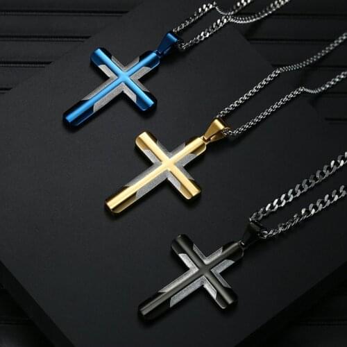 Personality Stainless Steel Necklace Two-color Black And Blue Glod mosaic mens Cross Pendant