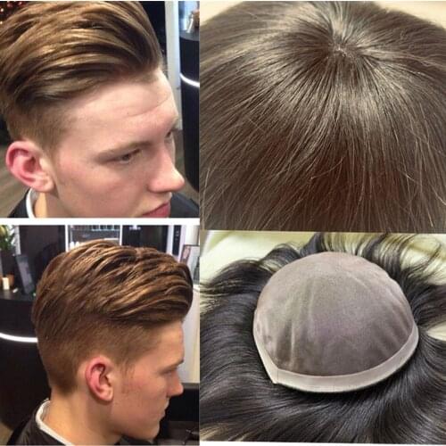 Dark Brown Human Hair Toupee for Men with PU Straight Hair Pieces Replacement System for Man Mono PU 6 Inches Mans Wig