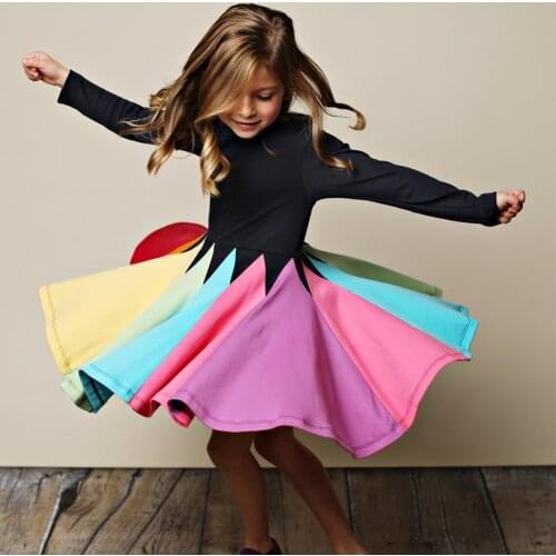 Baby girl dress spring and autumn dress girl long-sleeved cotton color matching rainbow princess dress dress girl girl costume