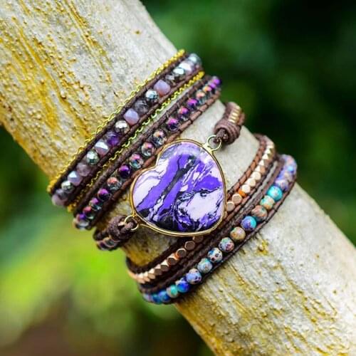 Boho Braided Long Wrap Bracelet Natural Stone Bracelet 5 Wrap Bracelet Purple Heart Emperor Stone Wholesale