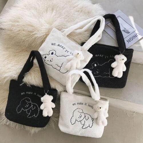 Portable Soft Plush Sheep Womens Shoulder Handbag Fashion Bear Pendant Top-Handle Bags Casual Sheep Pattern Large Capacity Tote