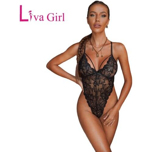 LIVA GIRL Black/Red Sexy Lace Criss Cross Backless Bodysuit Woman Solid Sling Bodycon Jumpsuit Female Slim Bedtime Body Tops S-L