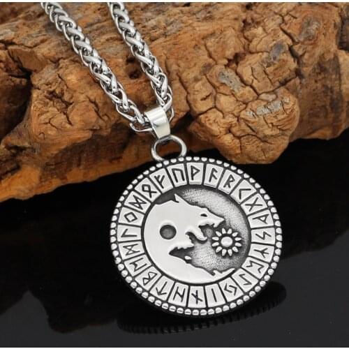 Nordic Viking Wolf Geri and Freki Rune Amulet Stainless Steel pendant necklace with Valknut Rune Gift Bag