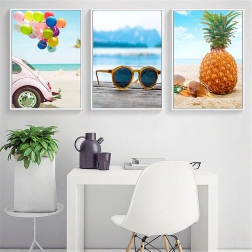 Modern Art Summer Poster Nordic Sea Pineapple Sunglasses Car Balloons Wall Art Pictures Home Decor Canvas Prints Wall Painting