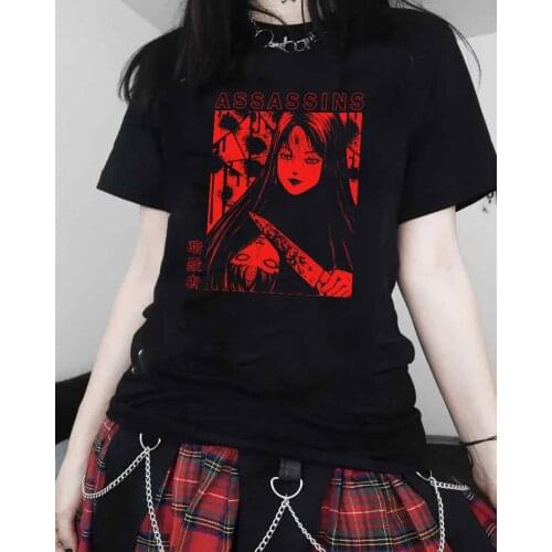 Tomie Kawakami Assassins T-shirt summer new chic Harajuku fun horror Japanese comic print top vintage loose Gothic women T-shirt