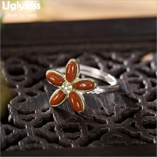 Uglyless Pretty Coral Red Agate Flower Rings for Women Real 925 Sterling Silver Floral Open Rings Adjustable Gemstone Jewel R784