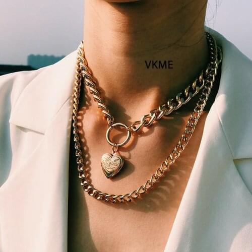 VKME Vintage Punk Hyperbole Crude Chain necklace For women Heart-shaped Pendant Multi-layer necklace boho Woman/girl jewelry New