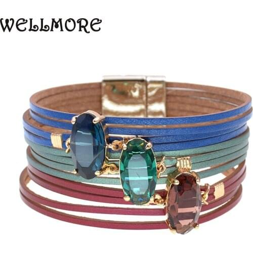 WELLMORE NEW fashion glass women bracelet charm leather bracelets for women Luxury Wedding Statement Jewelry Wholesale