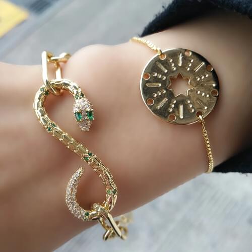 Green Eye CZ Stone Snake Bracelet for Women Micro Pave Cubic Zirconia Jewelry Gold Color Hollow Round Star Bracelet serpent