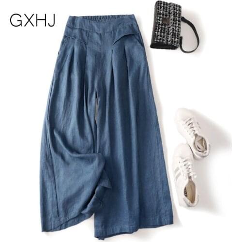 Women Linen cotton Trousers 2021 Stylish women Wide Leg Pants High Elastic Waist Pantalon Palazzo Casual Plus Size Turnip LHJ146