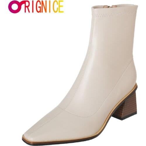 Orignice Women Short Boots Square Toe Design Fashionable Zipper Concise Solid Color High Quality Leather Thick High Heeled Shoes