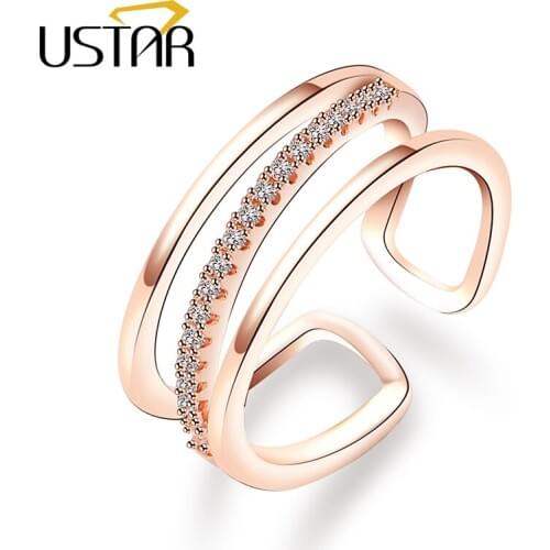 USTAR New Crystals Opening wedding Rings for women Rose Gold color engagement rings female Jewelry Anel bijoux adjustable size
