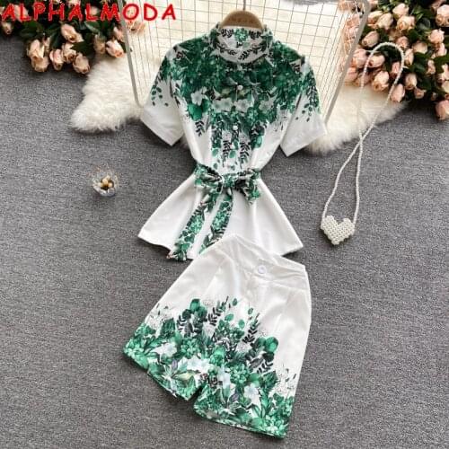 ALPHALMODA New Fashion Floral Printed Pattern Shirt High Waist Shorts 2pcs Women Suits Elegant Belted Stand Collar Shirt Set