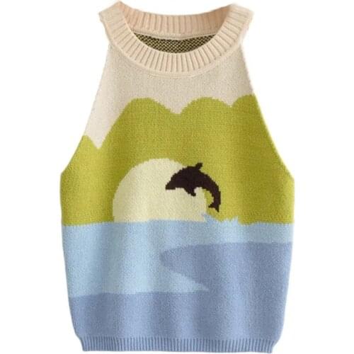 2021 Summer Dolphin Print Crop Top Women Sleeveless Off Shoulder Sunny Beach Y2K Knitted Tank Fashion Za Sweater Vest Streetwear