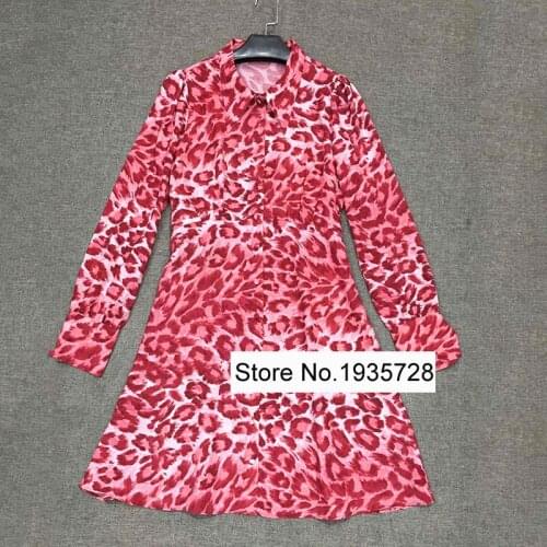 Top Quality Women Silk Blend Animal Leopard Printed Long Sleeve Lapel Front Buttoned Short Dress