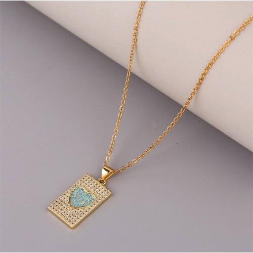 High Quality Cubic Zirconia Copper Metal Heart Pattern Square Pendants Necklaces For Women Gold Stainless Steel Chain Necklace