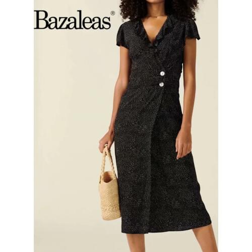 Bazaleas Fashion Side Buttons Dresses tied around Waist women Dress Vintage Black Dot Print vestidos France Wrap Midi Dress