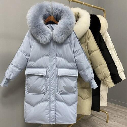 2021 Winter Clothes Women 90% White Duck Down Coat Warm Parkas Fur Collar Puffer Jackets Thick Long Solid Color Ladies Outerwear
