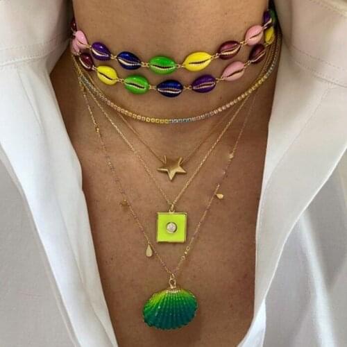 2019 Gold filled delicate trendy women jewelry party gift Minimal pastel Enamel Colorful Sea shell charm rainbow choker necklace