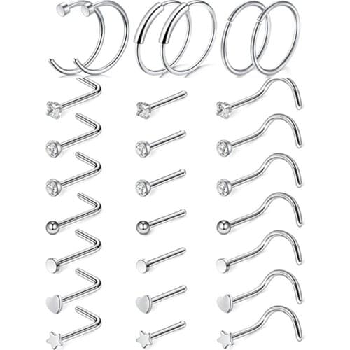 5/9/21Pcs 20G Nose Studs Surgical Steel Nostril Studs Screws Nose Ring Hoop Body Piercing Silver Color Heart Nose Stud Set