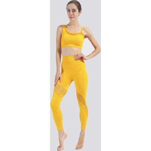 CXUEY Hollow Sports Bra Leggings 2 Piece Yoga Gym Set Women Fitness Suit 2020 Reversible Workout Clothes for Women Yellow Orange