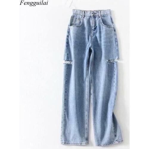 Summer Womens Jeans Womens Spring and Autumn New Fashion Washed Hole Button Flying Bag Straight