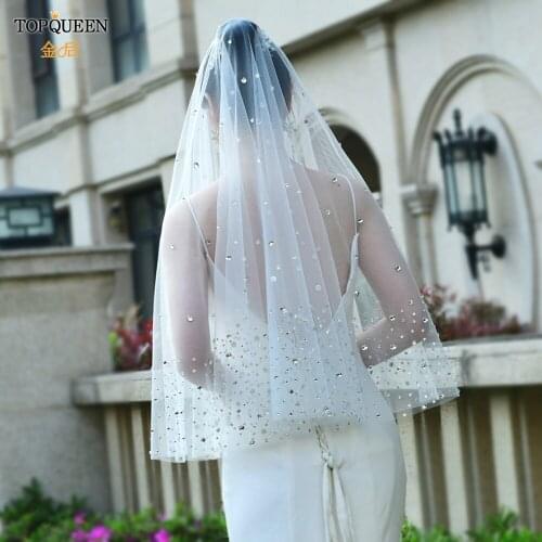 TOPQUEEN V29 Beaded Wedding Veils Bridal Wedding Crystal Beaded Bling Veil with Crystal Rhinestone Edge Bridal Shower Veil