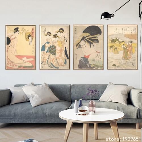 Cotton no frame Japan women kimono fan landscape canvas printings oil painting printed on cotton wall art decoration picture