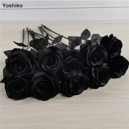 1 pc 50cm Black Rose Artificial Flower Single Branch Flower Home Decor Halloween Christmas Home Party Simulation Silk Flowers