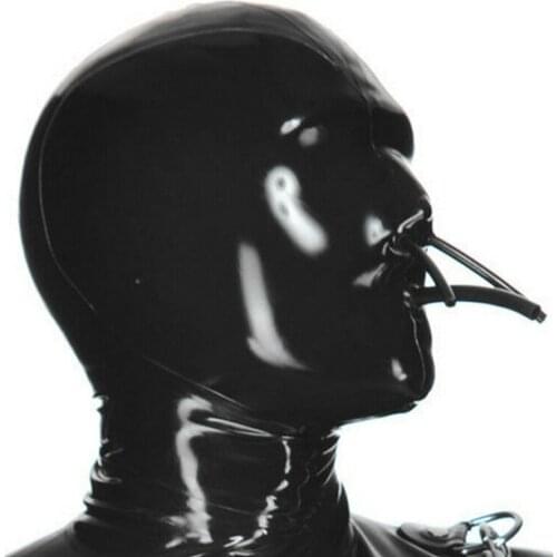 Full Cover Latex Hood with Fixed Hollow Mouth and Nose Tube Rubber Mask ClubWear harness adult toys