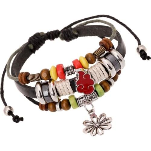 Fashion Hippie Vintage Flower Fire Charms Bracelet Wrap Handmade Retro Beads Bangle Adjustable Leather Wristbands Punk Jewelry