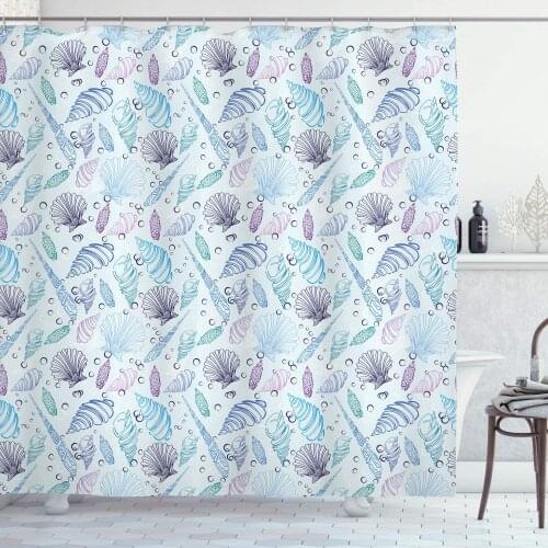 Nautical Shower Curtain Various Sea Shell Pattern Underwater Bubbles Ocean Maritime Print Bathroom Decor Set with Hooks 70" Long
