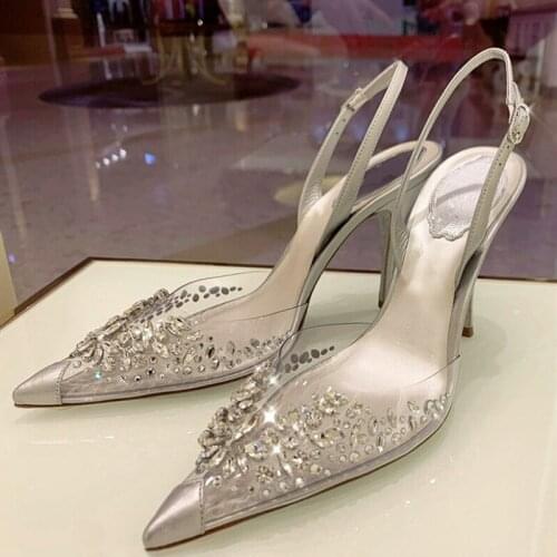 2021 New Glass Plastic Pointed Toe Pumps Shoes Transparent Shallow Mouth Crystal High Heel Single Shoes Stiletto Buckle Sandals