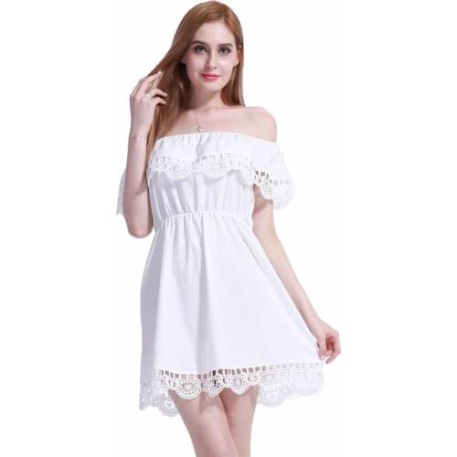 New Arrivals Womens Summer Sexy One-shoulder Solid Mini Dress Lace Elastic Waist Fashion Cute Beach Dresses