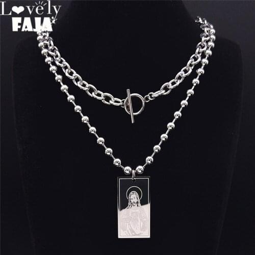 2pcs Hip Hop Yin Catholic Jesus Stainless Steel Chain Necklace for Women Silver Necklaces Jewelry cadenas mujer N2235S03