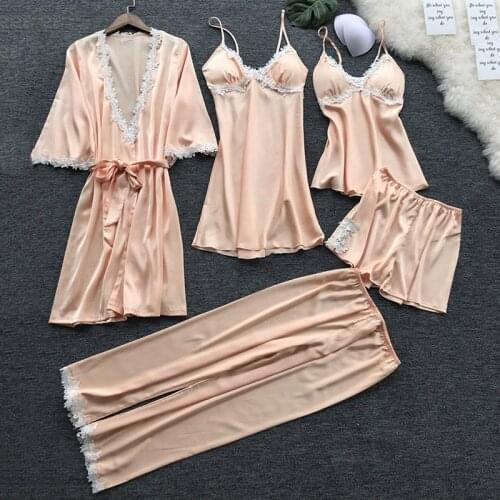 Sexy lace womens 5-piece pajamas set, imitation silk pure color pajamas, womens pajamas set, spring, summer and autumn home se
