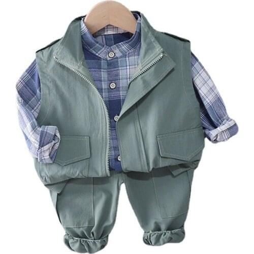 New Spring Autumn Baby Boys Clothes Suit Fashion Children Vest Plaid Shirt Pants 3Pcs/Set Toddler Casual Costume Kids Tracksuits