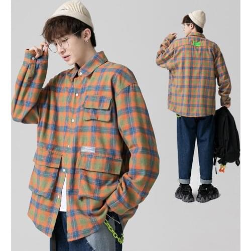 Men Oversized Plaid Shirt Man Hip Hop pocket Dress Formal Long Sleeve Shirt Couple Korean Harajuku Clothing
