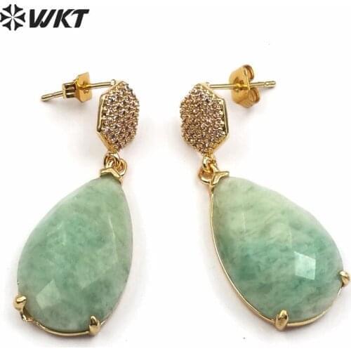 WT-E479 WKT Stone teardrop earring amazonite/labradorite/zirconia sun stone pendant in faceted waterdrop shape with hexagon stud