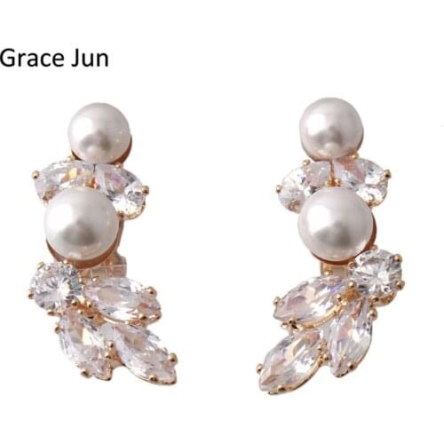 Grace Jun 2 Colors Choose Double Simulated Pearl AAA CZ Leaves Shape Clip on Earrings No Pierced Charm Bridal Earrings Hot Sale