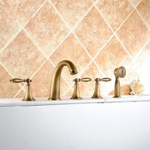 Faucets Antique Brass Deck 5 Holes Bathtub Mixer Faucet Handheld Shower Widespread Bathroom Faucet Set Water Tap