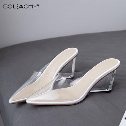 2021 PVC Wedge Jelly Slippers Pointed toe High Heels Women Transparent perspex pumps Shoes Heel Clear Sandals Size 33-41 White