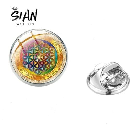 SIAN Flower of Life Brooches Pins Mandala Sacred Geometry Art Photo Glass Cabochon Brooch Pin For Women Gifts Clothes Decoration