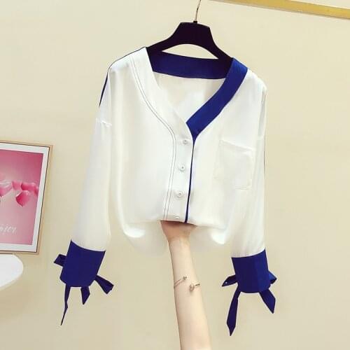 2020 Autumn New Korean Chiffon Shirt Long-Sleeved Bow V-neck Patch Bag Contrast Color Shirts Womens Casual All-match Blouse Top