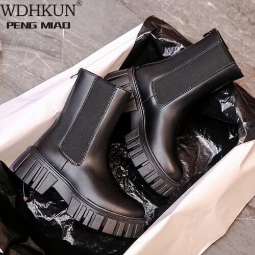 WDHKUN Women Ankle Boots Cowhide Upper +Pigskin Lining Antumn and Winter Shoes Round Toe Chelsea Boots Waterproof Platform Boots