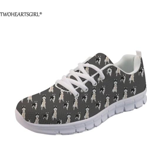 Twoheartsgirl Gray Lace Up Printed Husky Women Flats Personalized Women Soft Mesh Flat Shoes Casual Breathable Sneakers Comfort