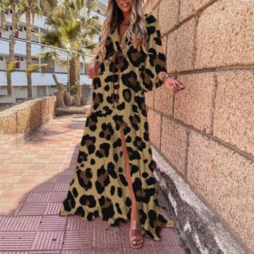 Vintage Women Autumn Floor Length Party Dress Sexy V Neck Lace-Up Ladies Leopard Printing Dress Casual Female Holiday Dress 2021