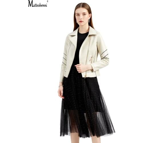 2021 Autumn Winter Faux Pu Leather Jackets Women Stripe Outerwear Pocket Zipper Coat Slim Biker Jacket Red Black Womens Clothing