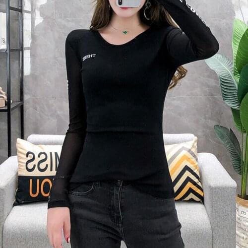 #5507 Black Red Green Blue T Shirt Women Long Sleeved O Neck Letters Printed T Shirt For Girl Sexy Stretch Tight T-shirt Femme